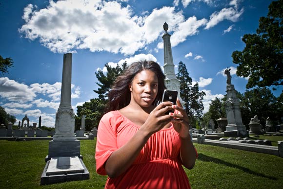 Alexis Jeffcoat tweets as we photograph in Laurel Hill Cemetary