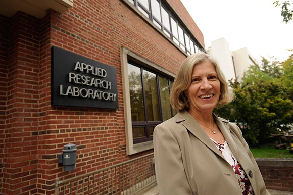 Deputy Director of the Applied Research Laboratory Patricia Gruber Ph.D. outside her office at the Applied Research Labortary facility on campus