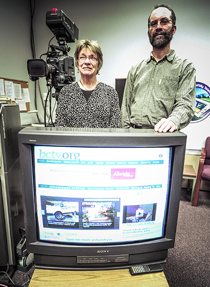 Executive DIrector Ann Sheehan, left and Managing Editor Steve Reinbrecht, right,  at their BCTV.org website  offices