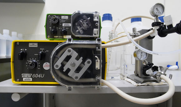 At a wet lab, VaxForm utilizes a tangential flow filtration system