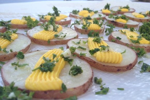 Hors d'oeuvre at Lewis Family Farm Redskin potato, deviled egg yolk, gremolata
