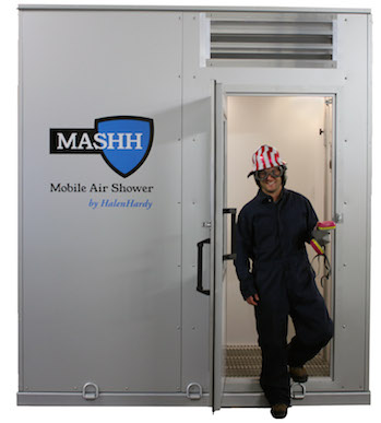 The MASHH Mobile Air Shower removes dangerous dust from contaminated clothing in less than 30 seconds